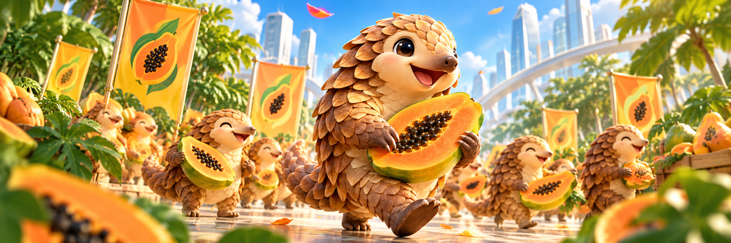A joyful parade of pangolins carrying papayas through a tropical city